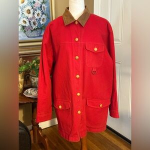 Vintage Russ Sport Co Red Barn Chore Jacket Quilted Lining Faux Wood Buttons